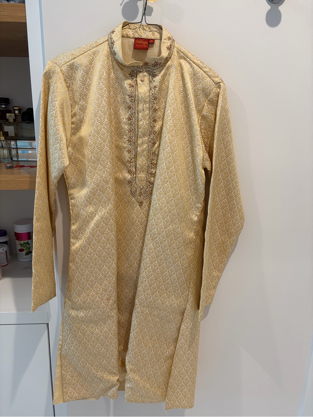 Men's Traditional Embroidered Kurta in Light Gold